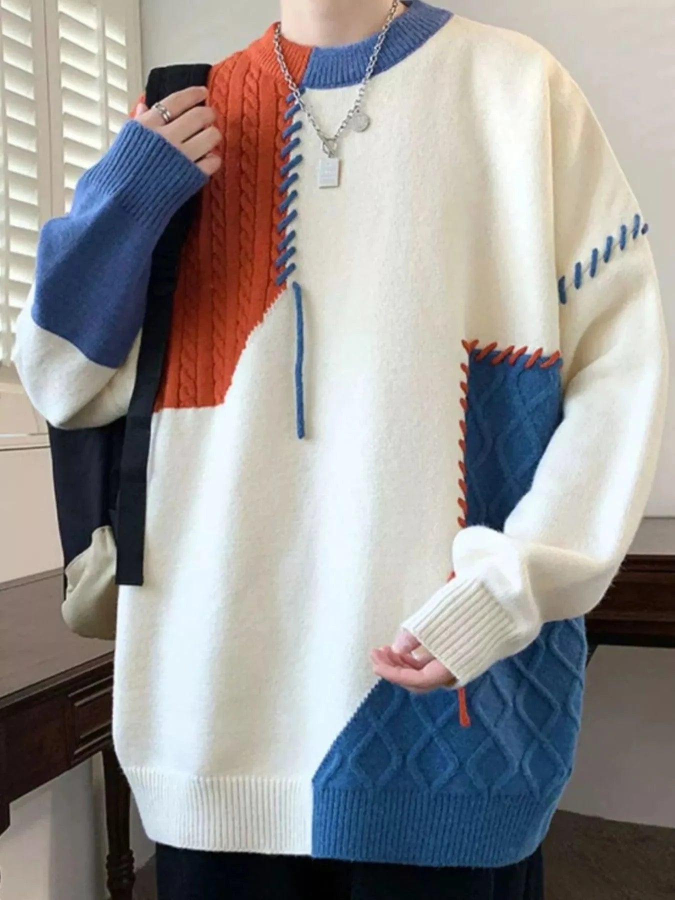 Men's Color Block Cable Knit Sweater with Asymmetric Design The Nichole Collection