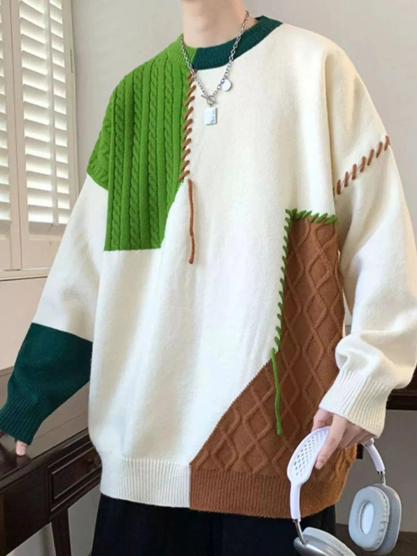 Men's Color Block Cable Knit Sweater with Asymmetric Design Green / M The Nichole Collection