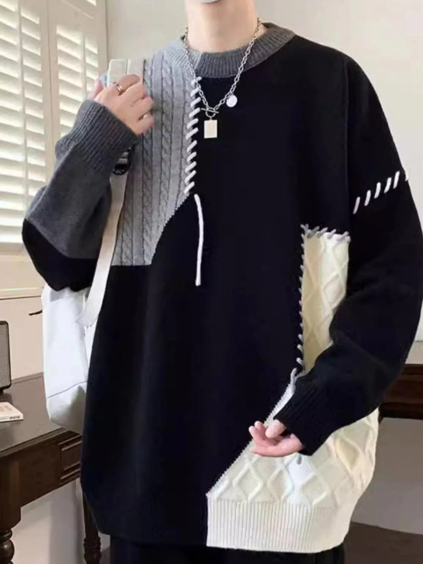 Men's Color Block Cable Knit Sweater with Asymmetric Design Grey / M The Nichole Collection