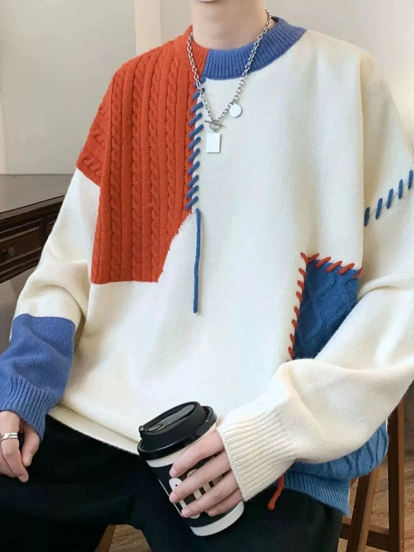 Men's Color Block Cable Knit Sweater with Asymmetric Design Red / M The Nichole Collection