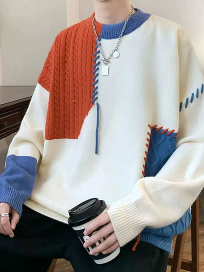 Men's Color Block Cable Knit Sweater with Asymmetric Design Red / M The Nichole Collection
