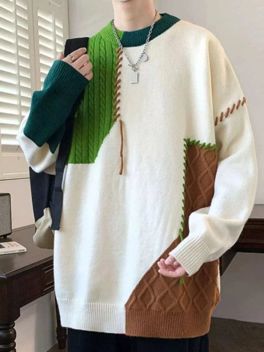 Men's Color Block Cable Knit Sweater with Asymmetric Design The Nichole Collection