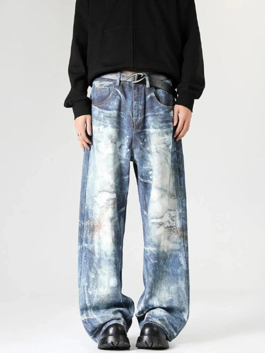 Men's Distressed Wide Leg Relaxed Fit Jeans Dark Blue / S The Nichole Collection