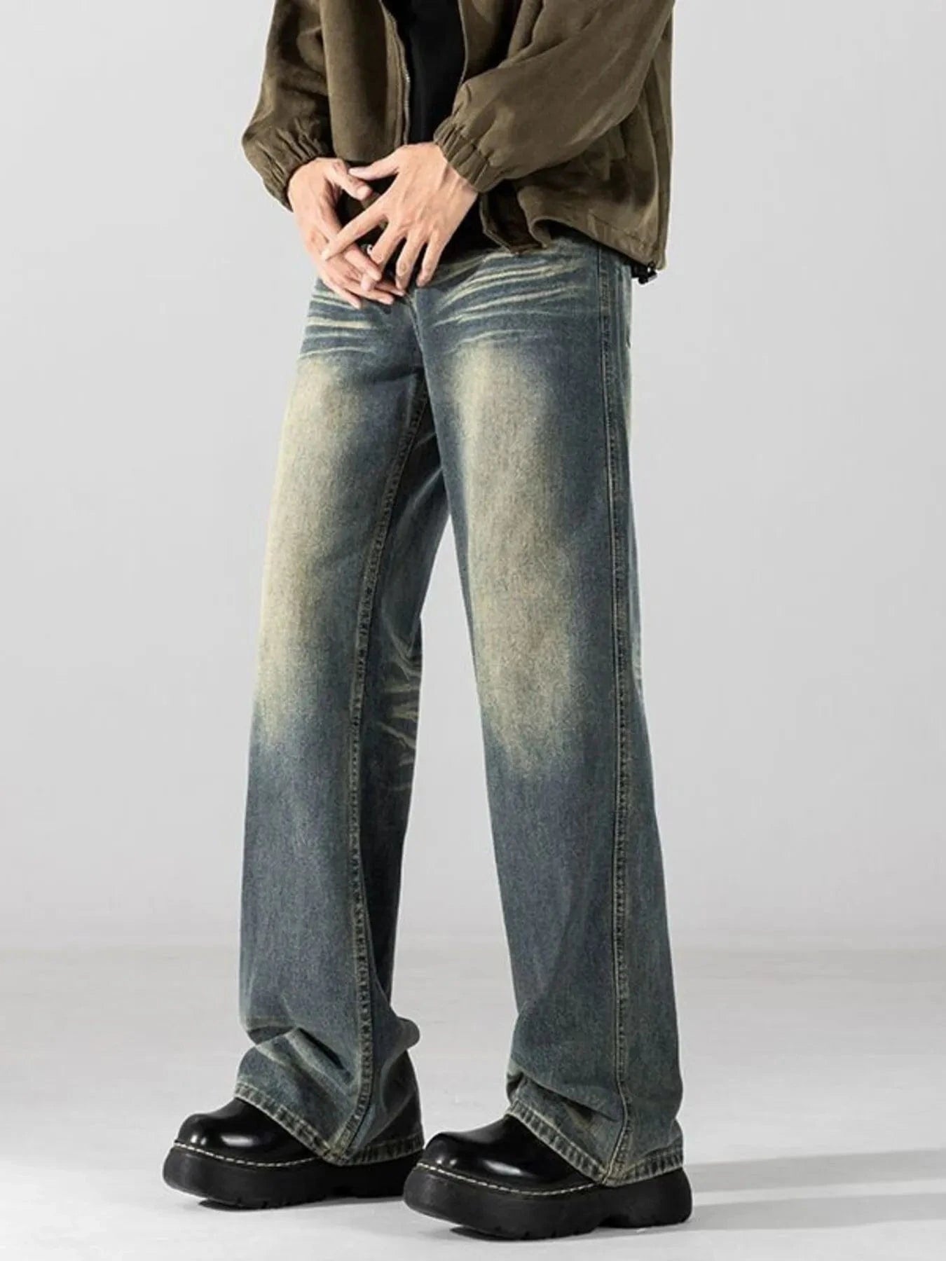 Men's Faded Dirty Look Wide Leg Washed Jeans Vintage Blue / S The Nichole Collection