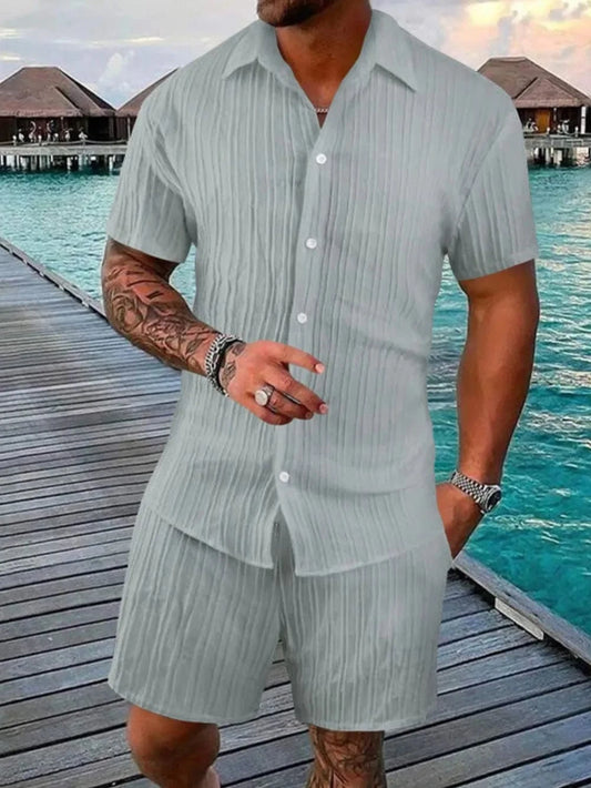 Men's Full Size Button Down Short Sleeve Shirt and Shorts Set Plus Size Gray / S Jonathan M Collection