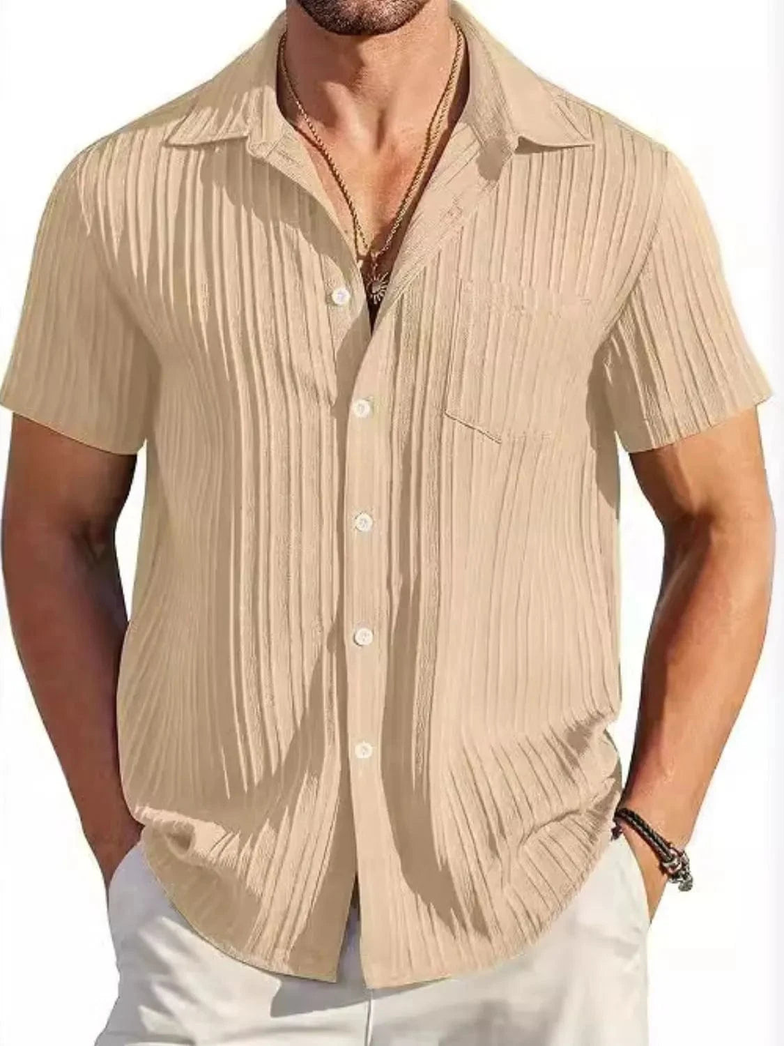 Men's Full Size Button Up Short Sleeve Shirt Plus Size Khaki / S Jonathan M Collection