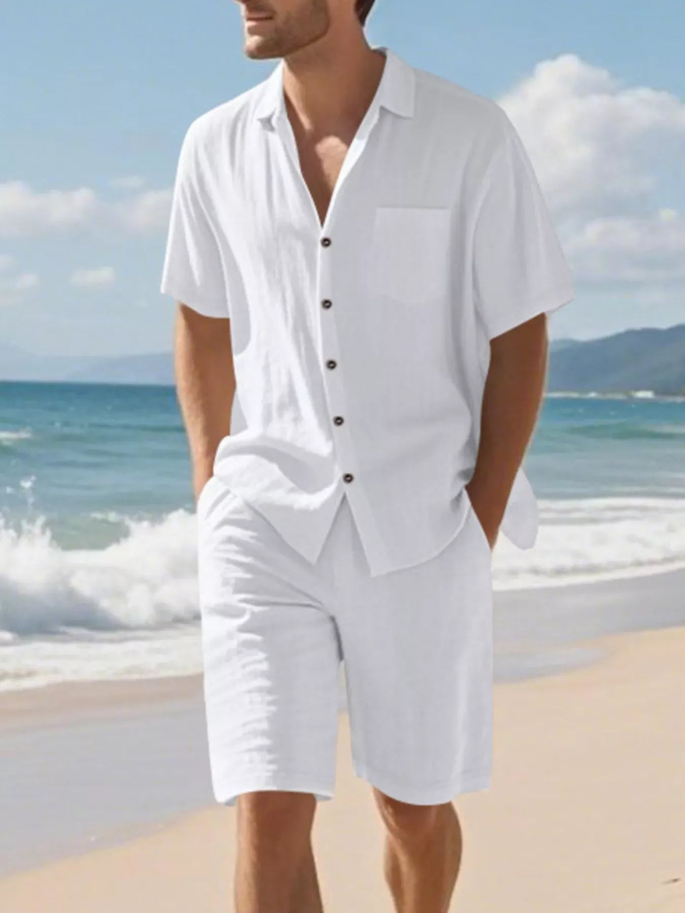 Men's Full Size Casual Button Up Shirt and Shorts Set Plus Size White / S The Nichole Collection