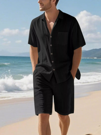 Men's Full Size Casual Button Up Shirt and Shorts Set Plus Size Black / S The Nichole Collection
