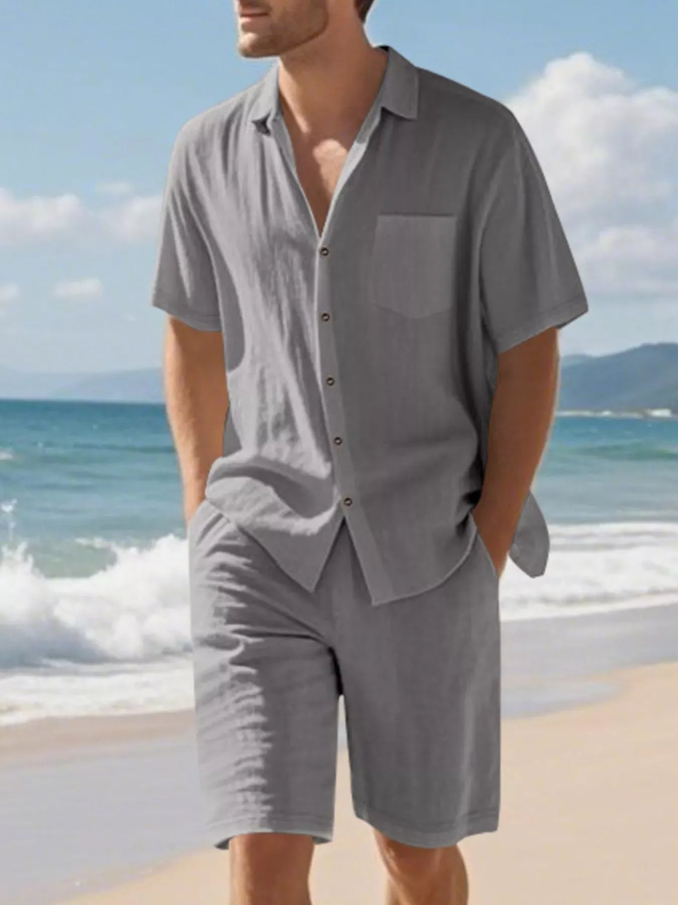 Men's Full Size Casual Button Up Shirt and Shorts Set Plus Size Grey / S The Nichole Collection