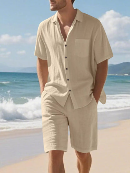 Men's Full Size Casual Button Up Shirt and Shorts Set Plus Size Khaki / S The Nichole Collection