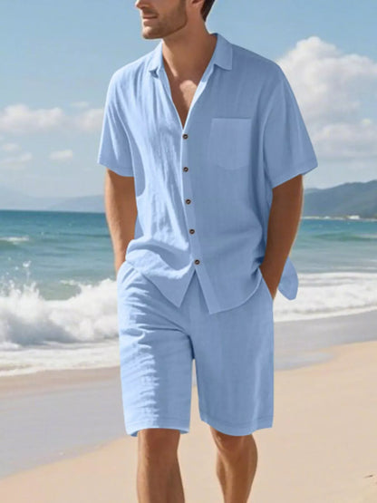 Men's Full Size Casual Button Up Shirt and Shorts Set Plus Size Light Blue / S The Nichole Collection