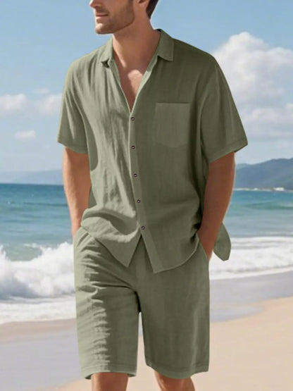 Men's Full Size Casual Button Up Shirt and Shorts Set Plus Size Army Green / S The Nichole Collection