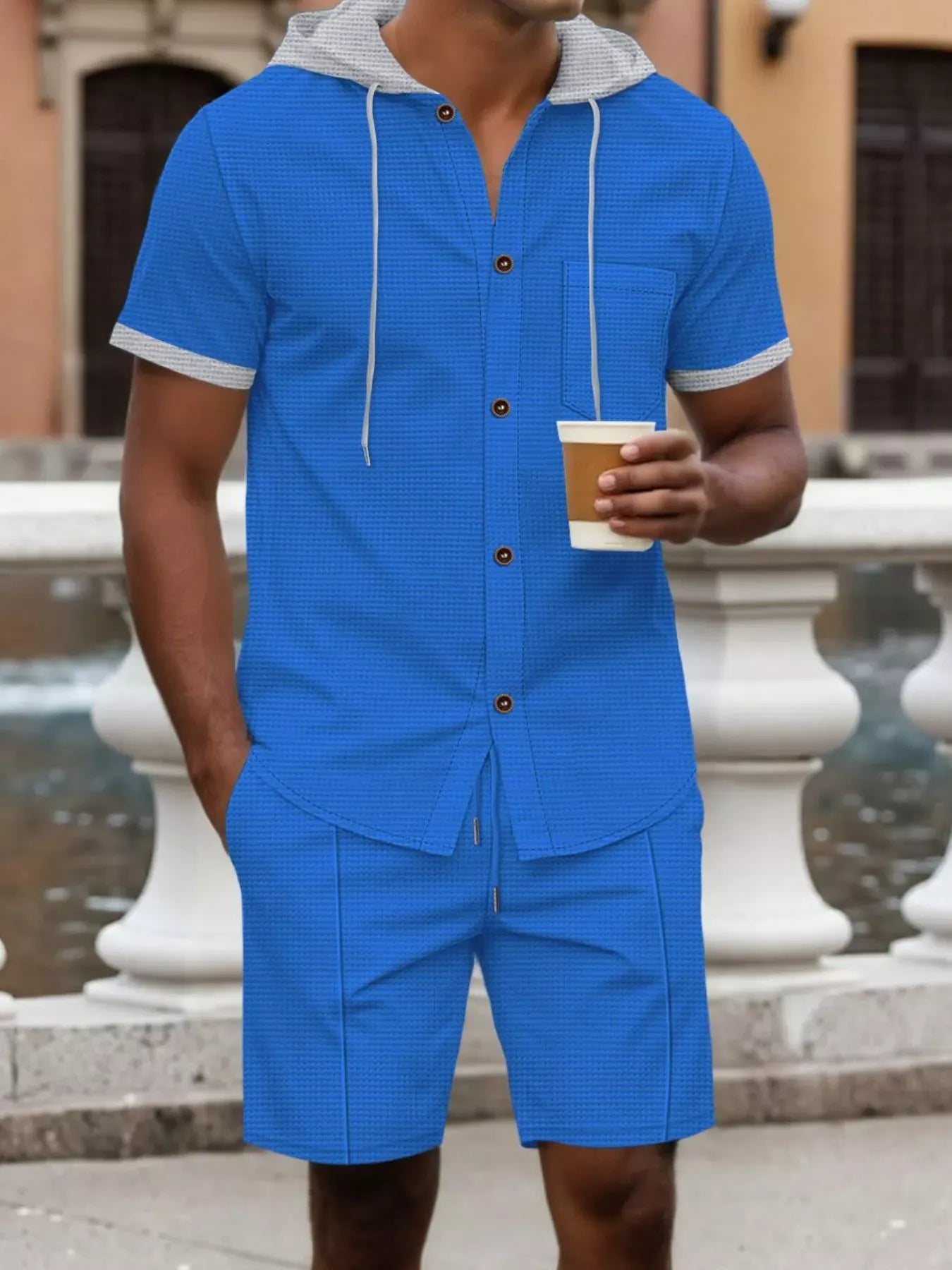 Men's Full Size Casual Hooded Top & Shorts Set Plus Size Blue / S The Nichole Collection