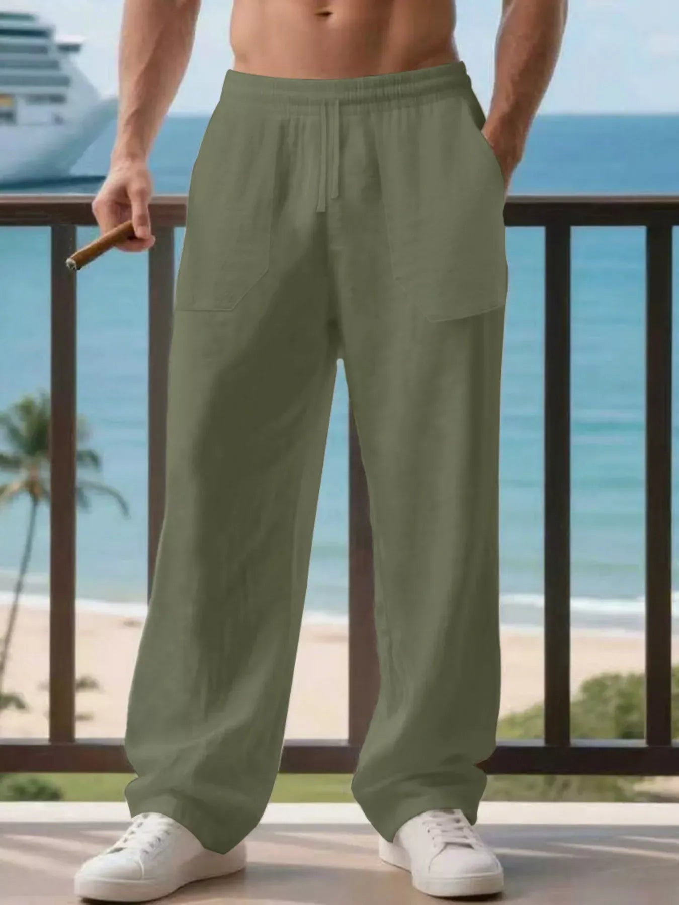 Men's Full Size Casual Loose Linen Pants Plus Size Military Green / S The Nichole Collection