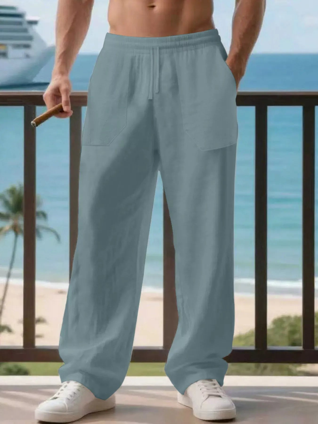 Men's Full Size Casual Loose Linen Pants Plus Size Light Blue / S The Nichole Collection