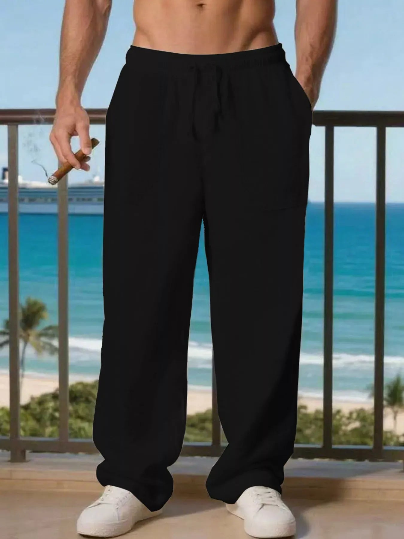 Men's Full Size Casual Loose Linen Pants Plus Size Black / S The Nichole Collection