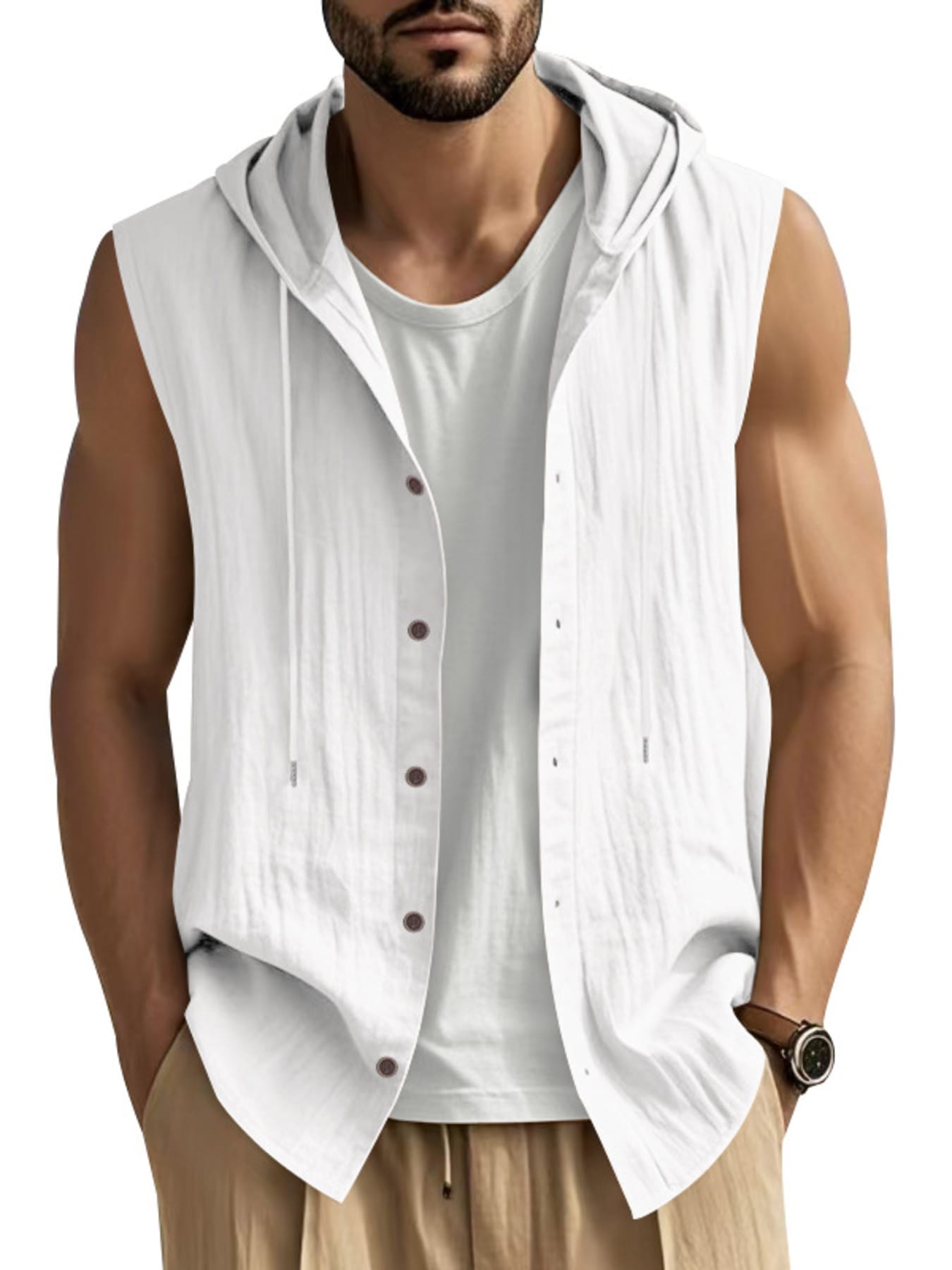Men's Full Size Casual Sleeveless Hooded Button-Down Top Plus Size White / S The Nichole Collection