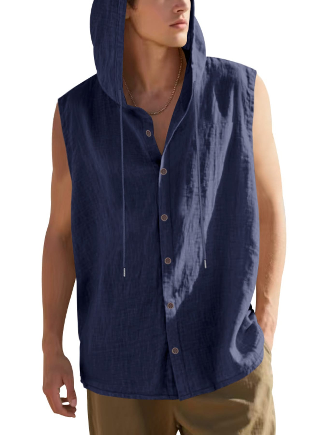Men's Full Size Casual Sleeveless Hooded Button-Down Top Plus Size Navy Blue / S The Nichole Collection