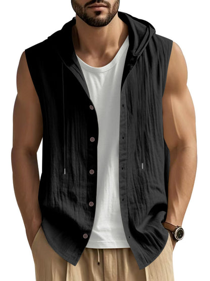 Men's Full Size Casual Sleeveless Hooded Button-Down Top Plus Size Black / S The Nichole Collection