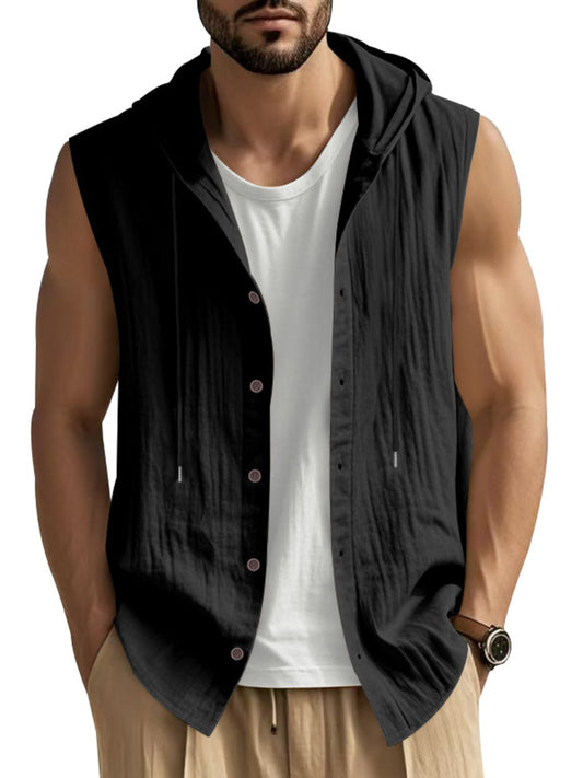 Men's Full Size Casual Sleeveless Hooded Button-Down Top Plus Size Black / S The Nichole Collection