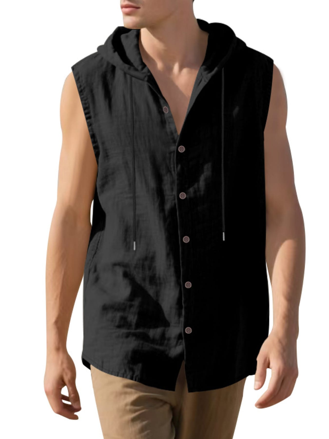 Men's Full Size Casual Sleeveless Hooded Button-Down Top Plus Size The Nichole Collection
