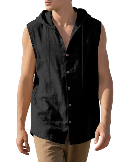 Men's Full Size Casual Sleeveless Hooded Button-Down Top Plus Size The Nichole Collection