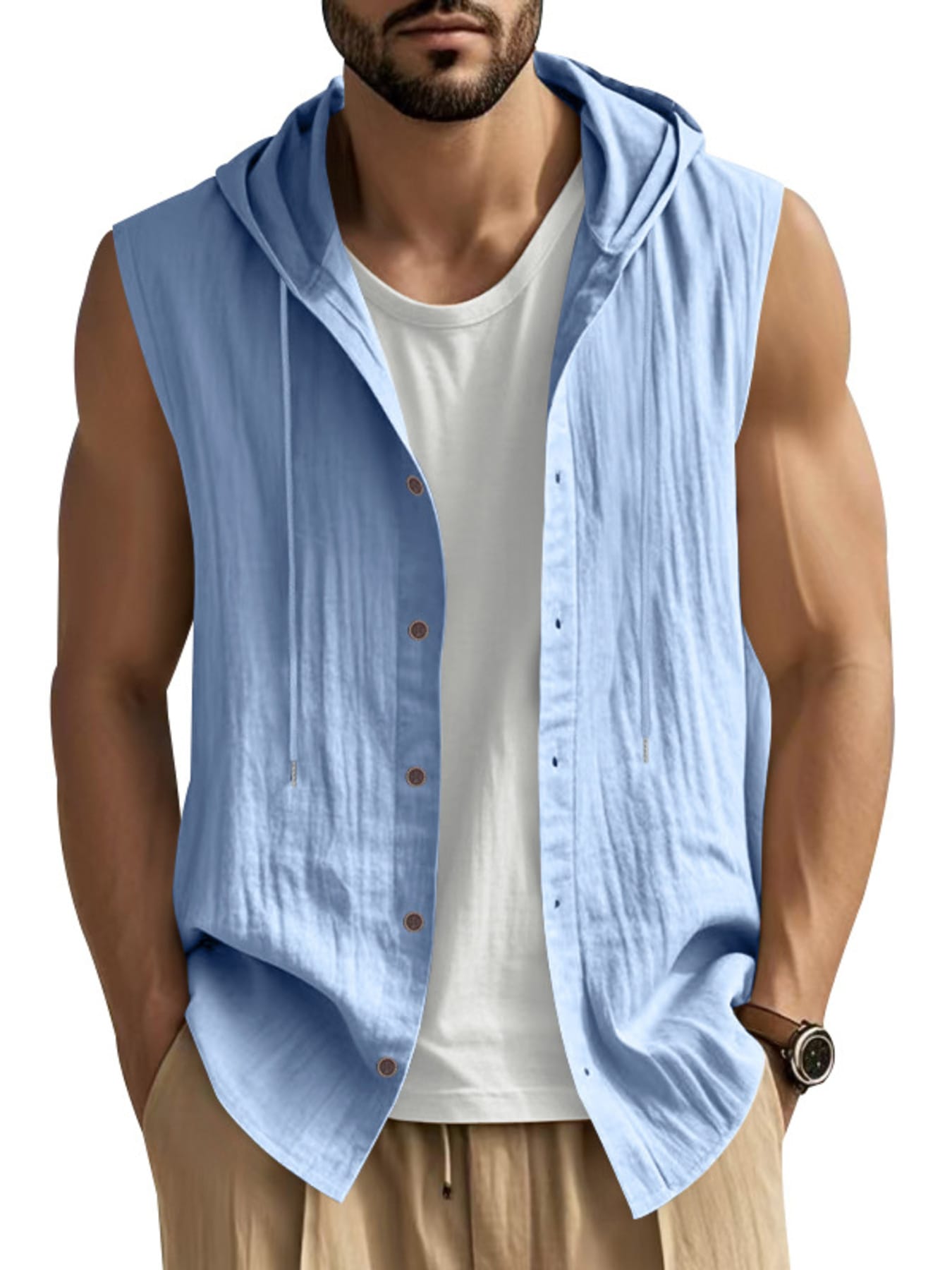 Men's Full Size Casual Sleeveless Hooded Button-Down Top Plus Size Light Blue / S The Nichole Collection