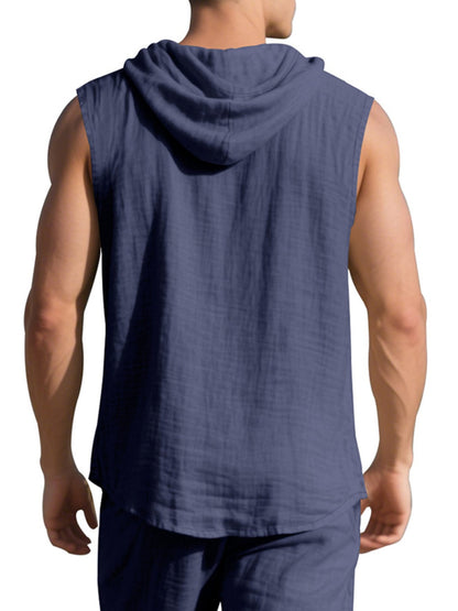 Men's Full Size Casual Sleeveless Hooded Button-Down Top Plus Size The Nichole Collection