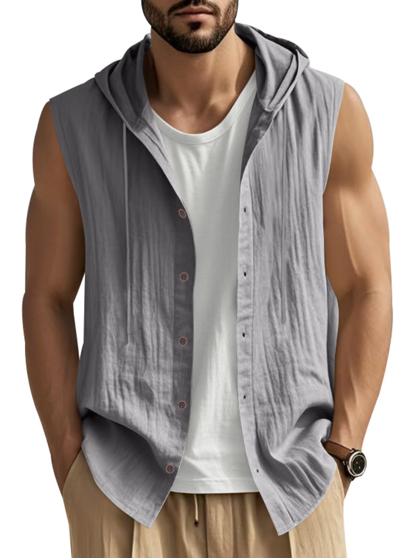 Men's Full Size Casual Sleeveless Hooded Button-Down Top Plus Size Grey / S The Nichole Collection