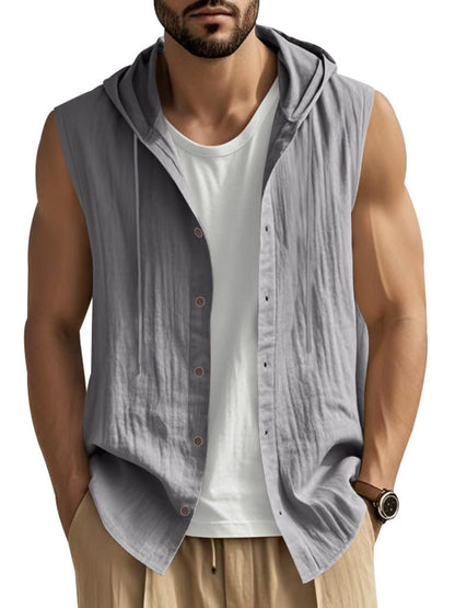 Men's Full Size Casual Sleeveless Hooded Button-Down Top Plus Size Grey / S The Nichole Collection