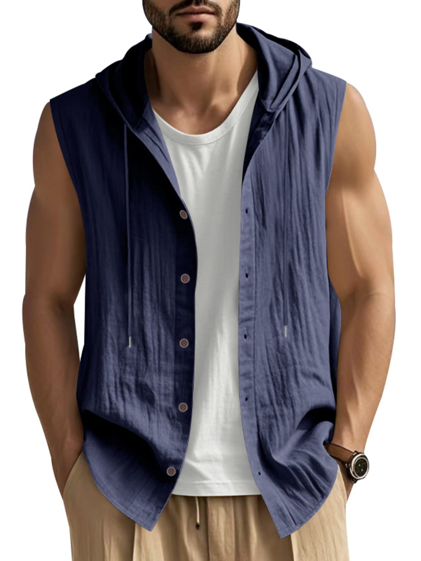 Men's Full Size Casual Sleeveless Hooded Button-Down Top Plus Size The Nichole Collection