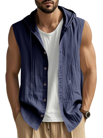 Men's Full Size Casual Sleeveless Hooded Button-Down Top Plus Size The Nichole Collection