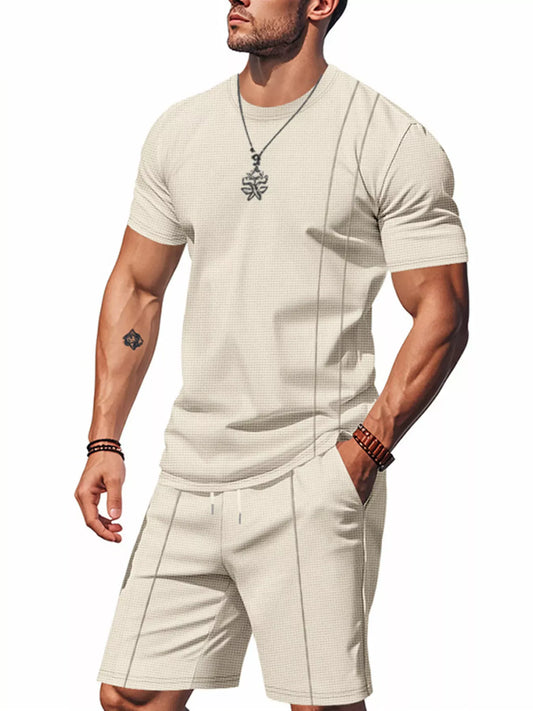 Men's Full Size Casual Striped Short Sleeve T-Shirt and Shorts Set Khaki / S The Nichole Collection