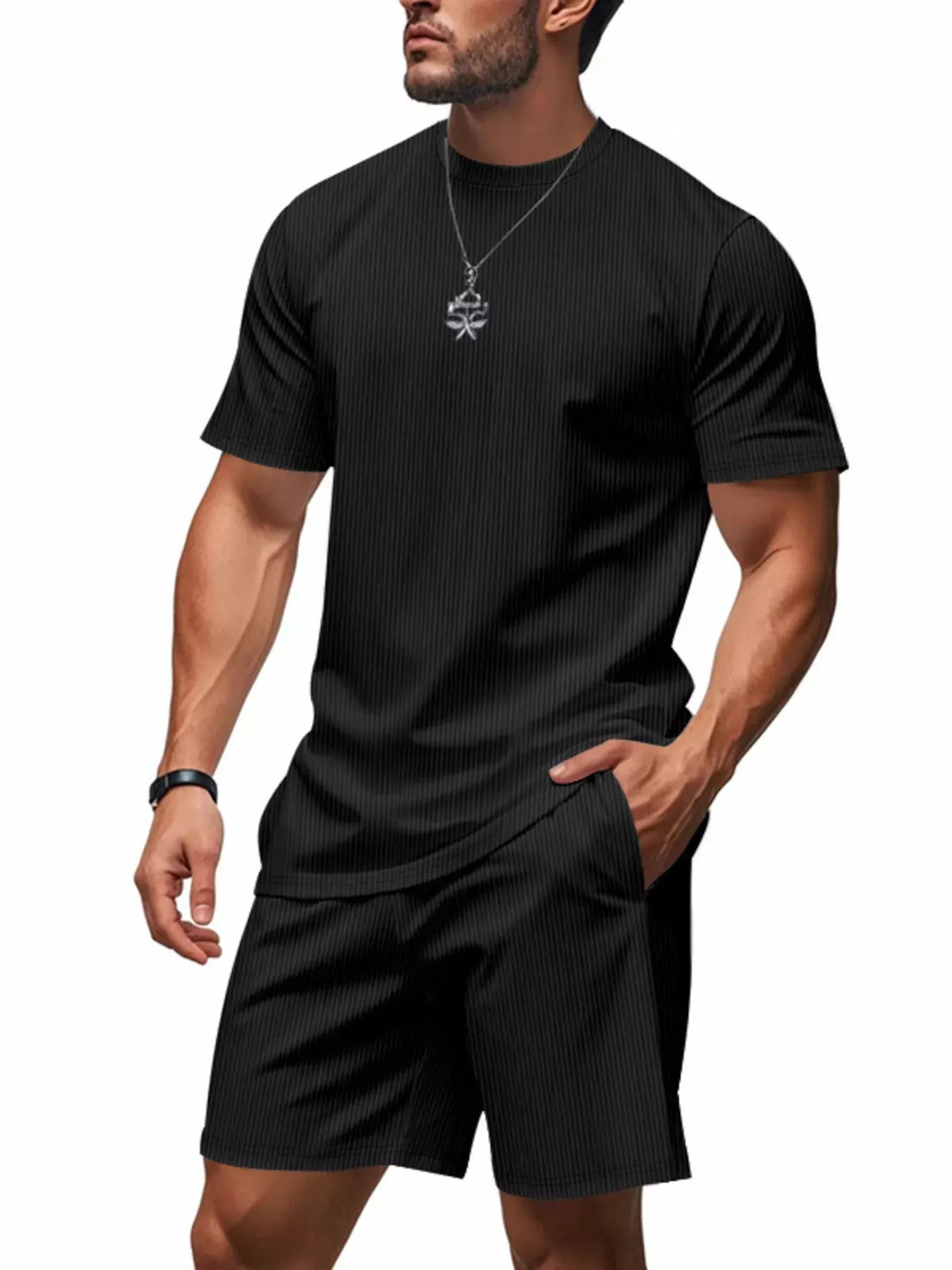 Men's Full Size Casual Striped Top and Shorts Set Plus Size Black / S The Nichole Collection