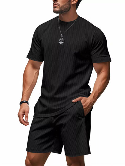 Men's Full Size Casual Striped Top and Shorts Set Plus Size Black / S The Nichole Collection
