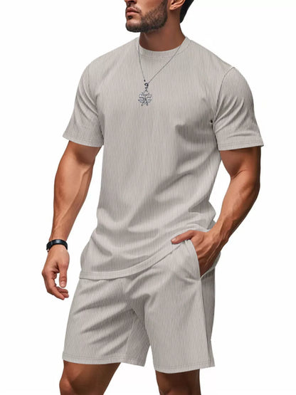 Men's Full Size Casual Striped Top and Shorts Set Plus Size Light Gray / S The Nichole Collection
