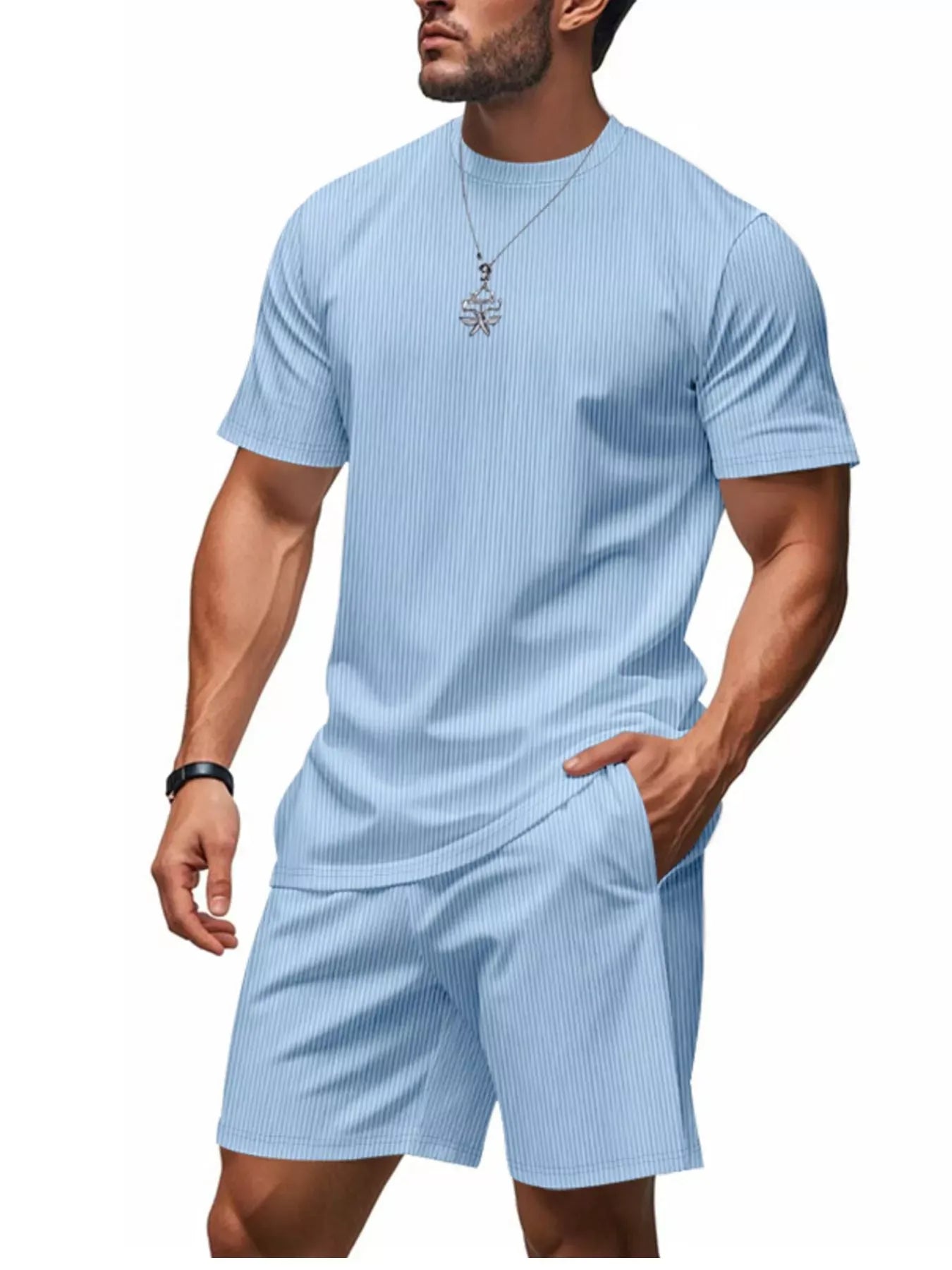 Men's Full Size Casual Striped Top and Shorts Set Plus Size Light Blue / S The Nichole Collection