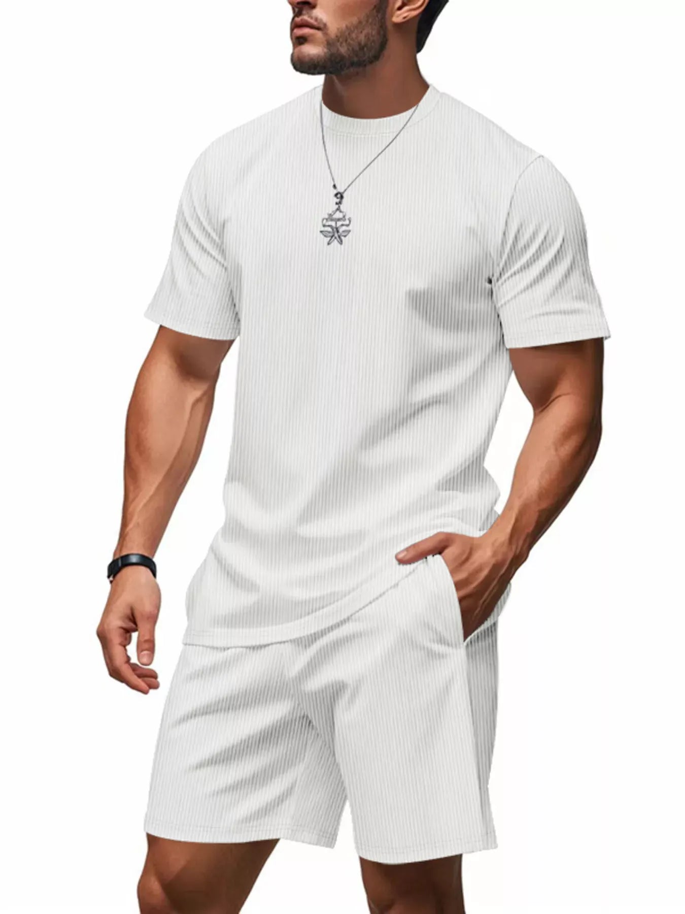 Men's Full Size Casual Striped Top and Shorts Set Plus Size White / S The Nichole Collection