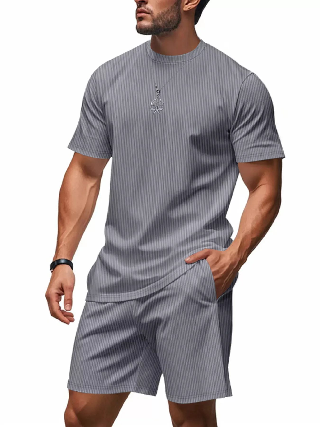Men's Full Size Casual Striped Top and Shorts Set Plus Size Dark Gray / S The Nichole Collection