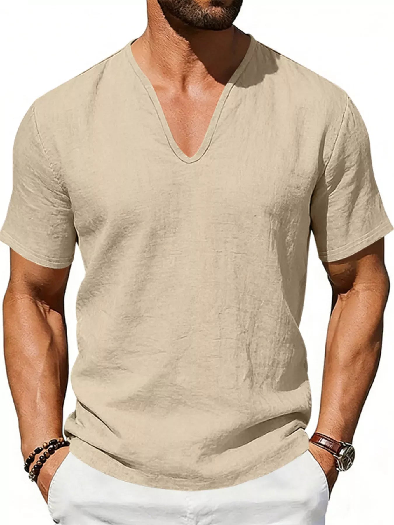 Men's Casual V-Neck Linen T-Shirt | The Nichole Collection