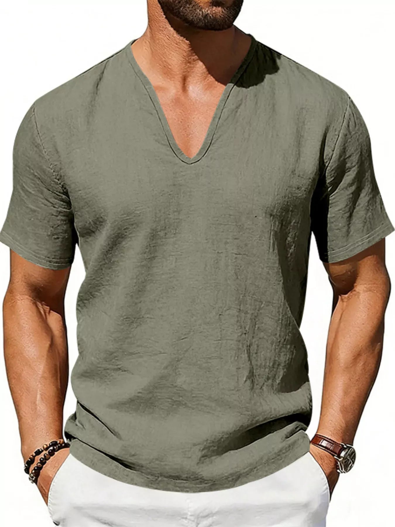 Men's Casual V-Neck Linen T-Shirt | The Nichole Collection