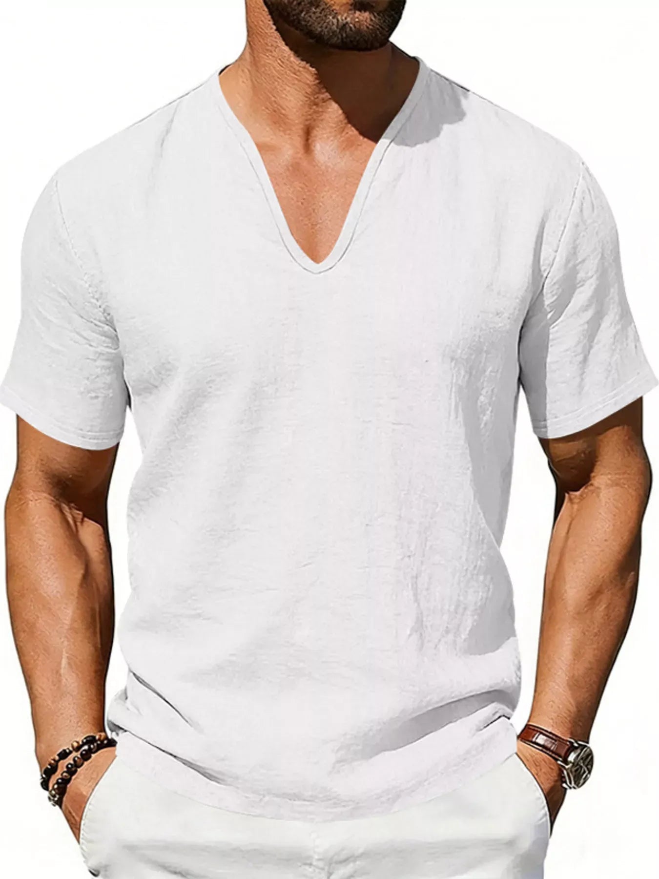 Men's Casual V-Neck Linen T-Shirt | The Nichole Collection