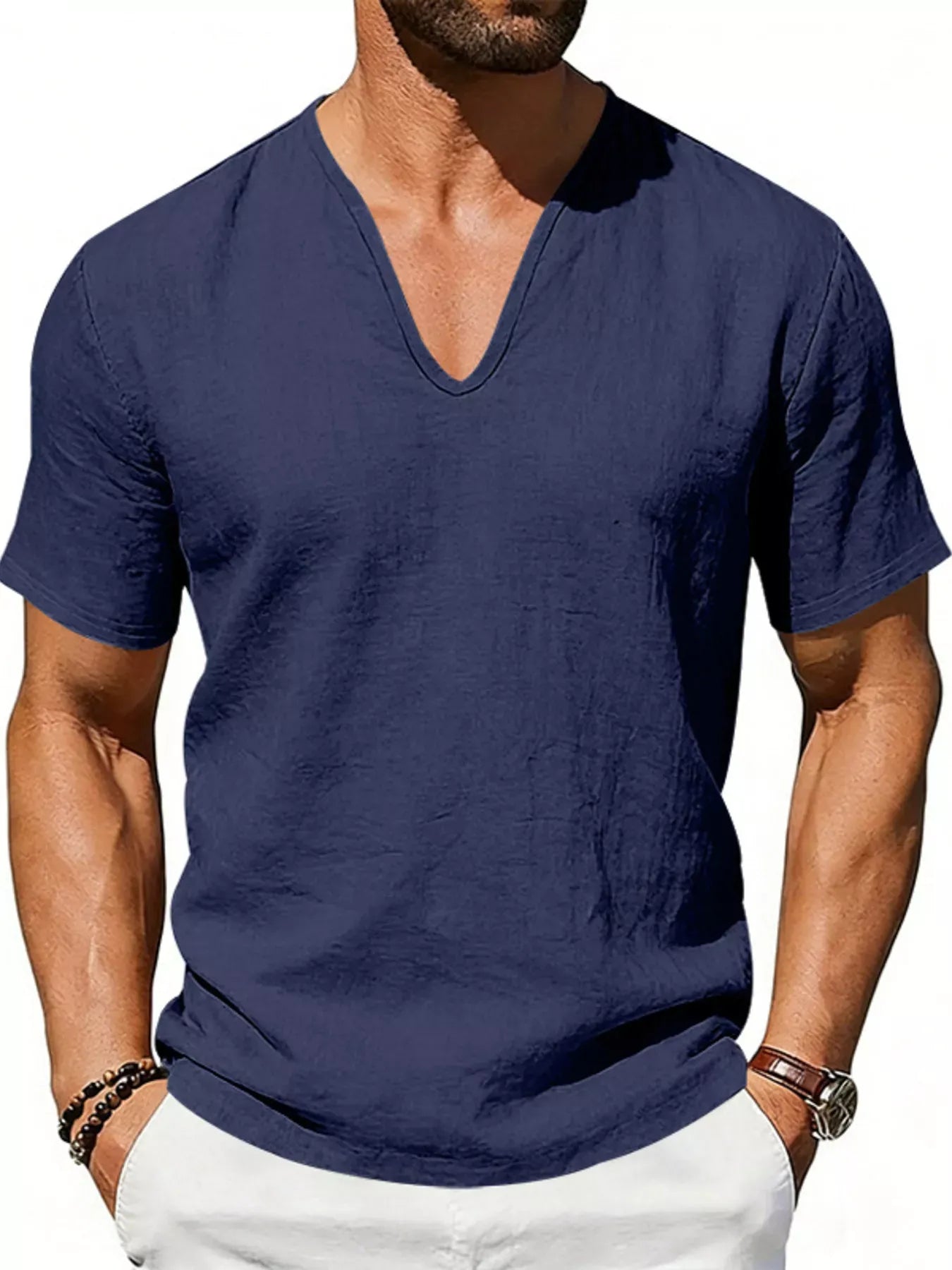 Men's Casual V-Neck Linen T-Shirt | The Nichole Collection