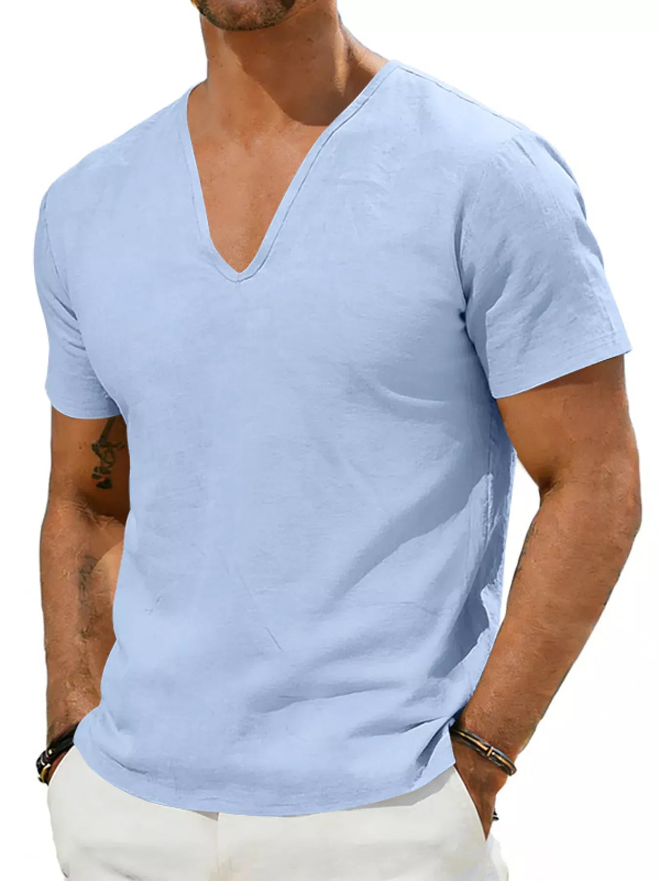 Men's Casual V-Neck Linen T-Shirt | The Nichole Collection