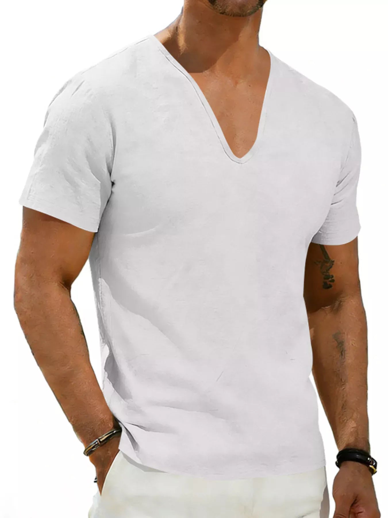 Men's Casual V-Neck Linen T-Shirt | The Nichole Collection
