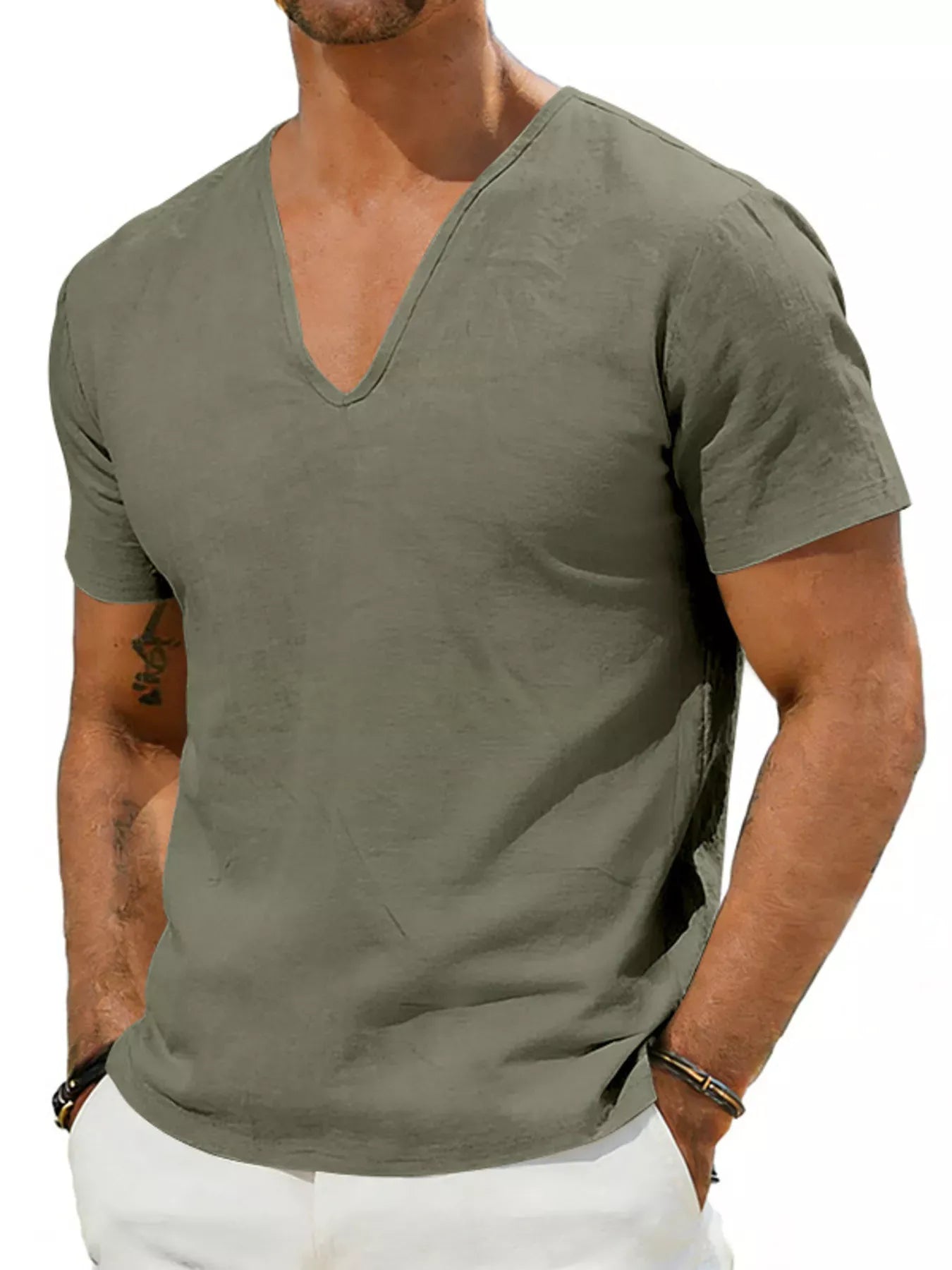 Men's Casual V-Neck Linen T-Shirt | The Nichole Collection