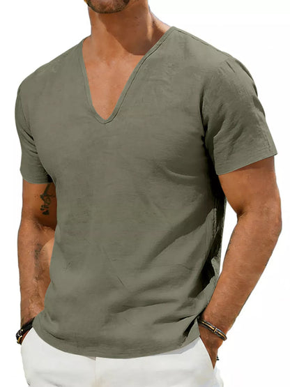 Men's Casual V-Neck Linen T-Shirt | The Nichole Collection