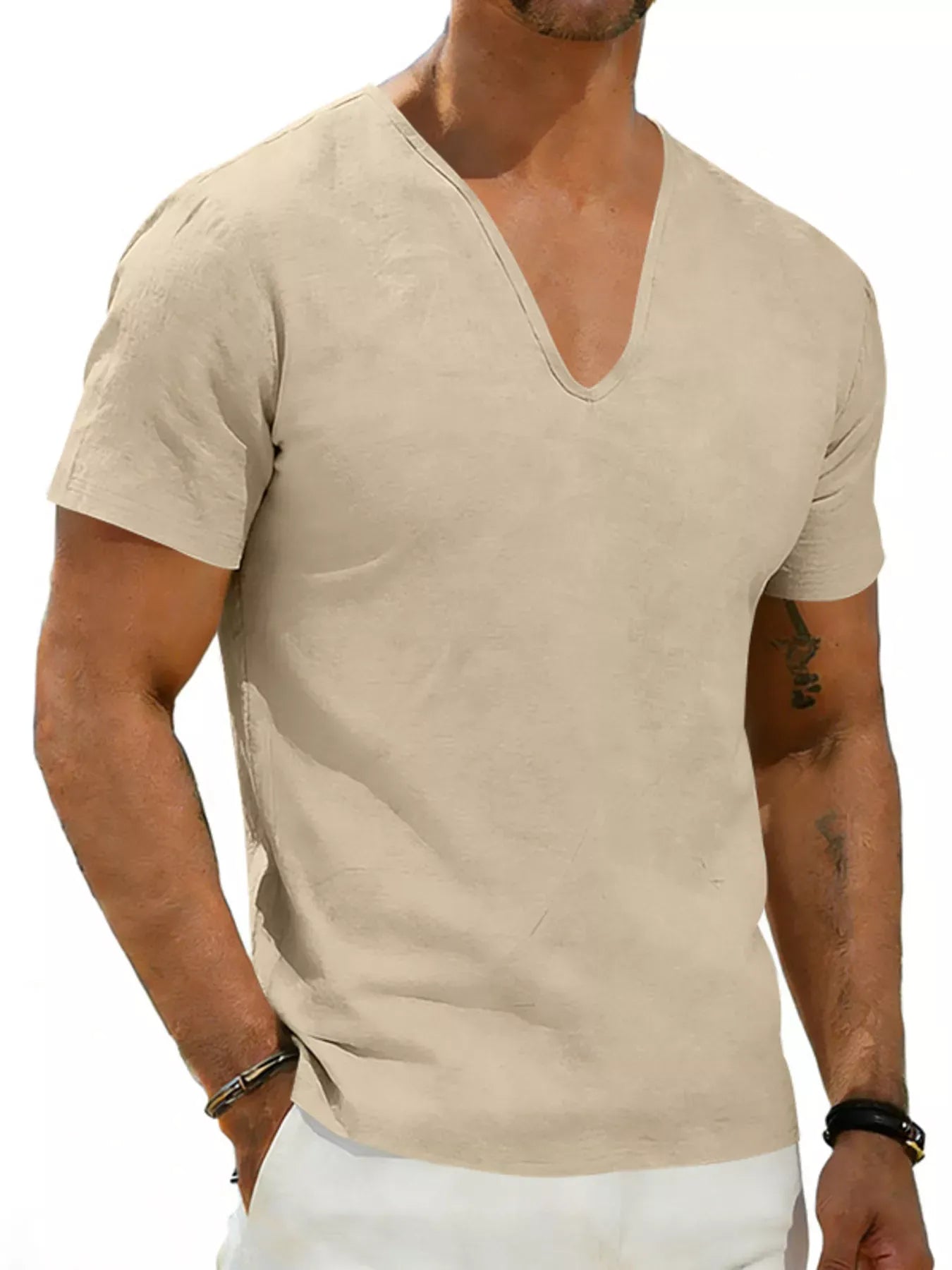 Men's Casual V-Neck Linen T-Shirt | The Nichole Collection