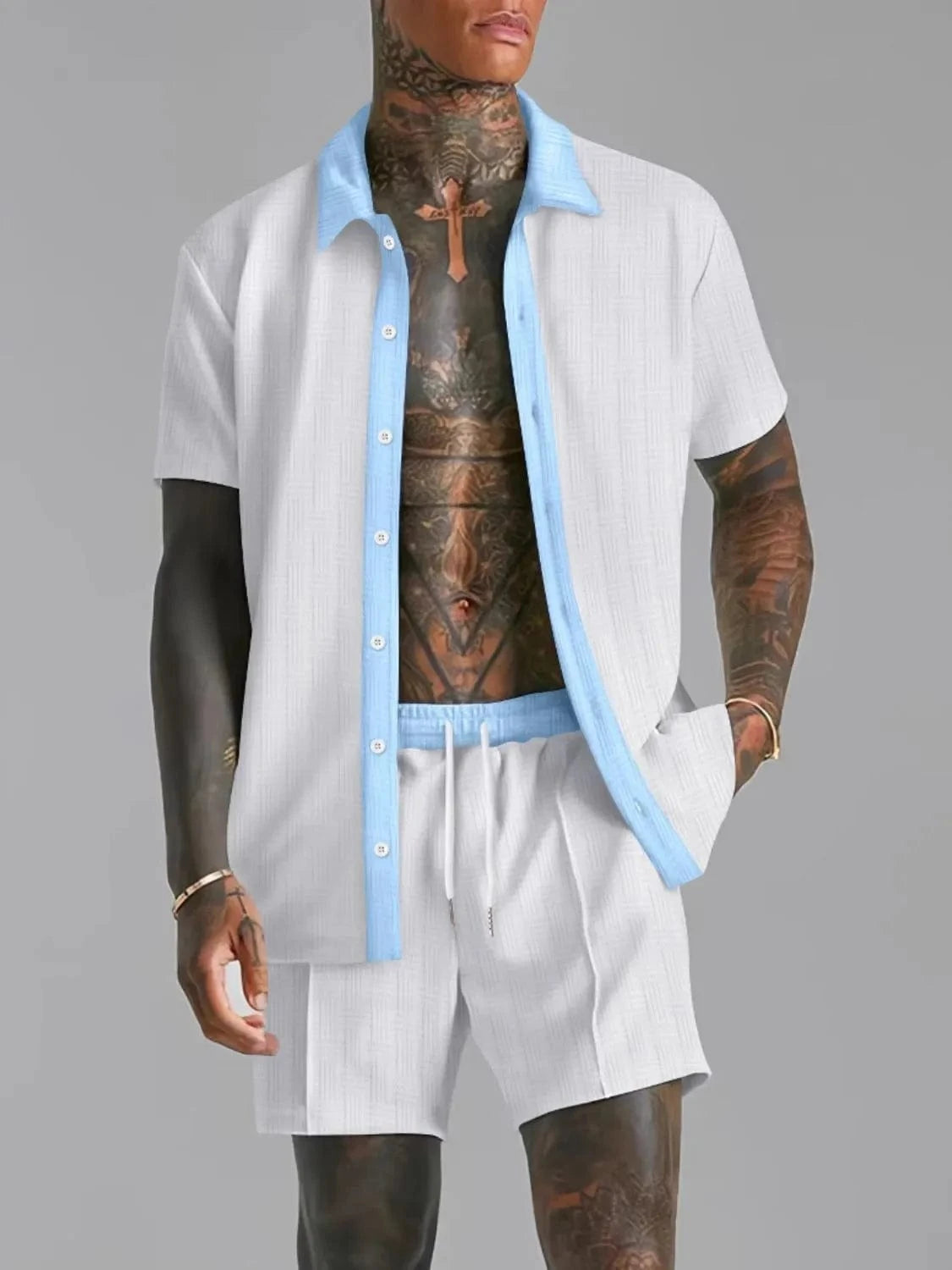 Men's Full Size Collared Neck Short Sleeve Top and Shorts Set Plus Size White / S Jonathan M Collection