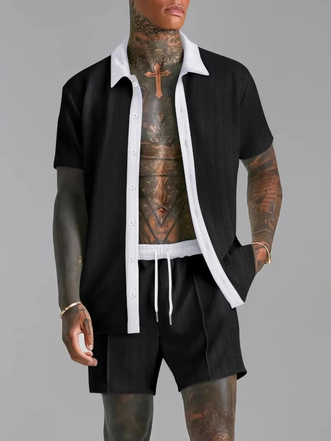 Men's Full Size Collared Neck Short Sleeve Top and Shorts Set Plus Size Black / S Jonathan M Collection